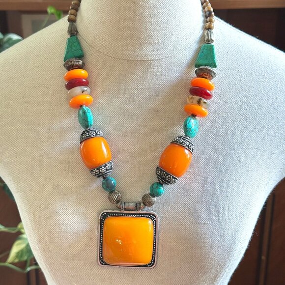 Tibetan-Inspired Resin Pendant Necklace, Boho Statement - Picture 1 of 11